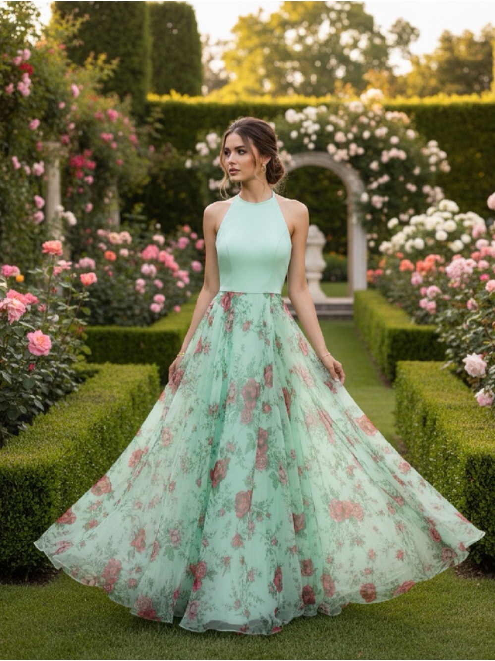Sherri Hill Mint Floral Halter Prom Gown